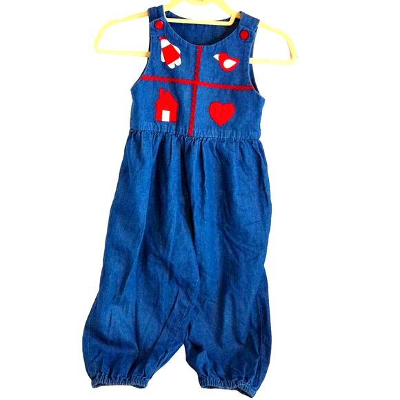 Vintage Girls Denim Jumpsuit Overalls Embellished Patches READ - Picture 1 of 8